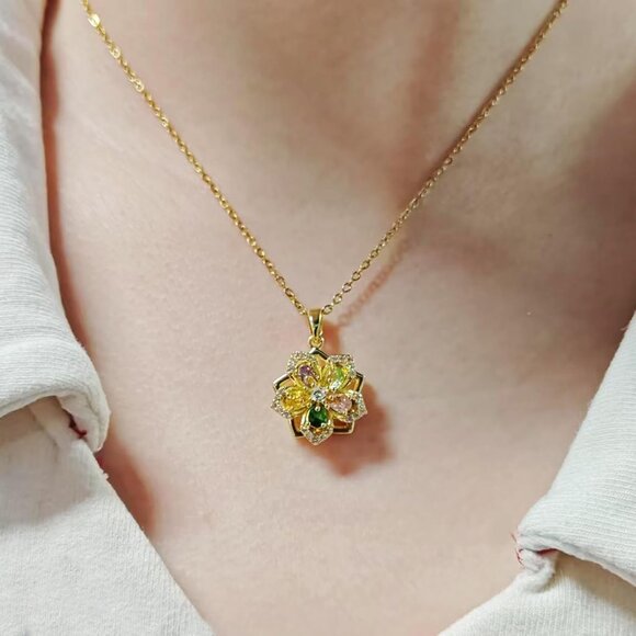 Women Gold Flower Fidget Colorful Necklace Rotatable Crystal Blossom Pendant - Picture 4 of 7